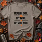 Measure Once. Cry Twice. Buy More Wood sarcastic woodworking t-shirt in Asphalt by Snarky Sarks