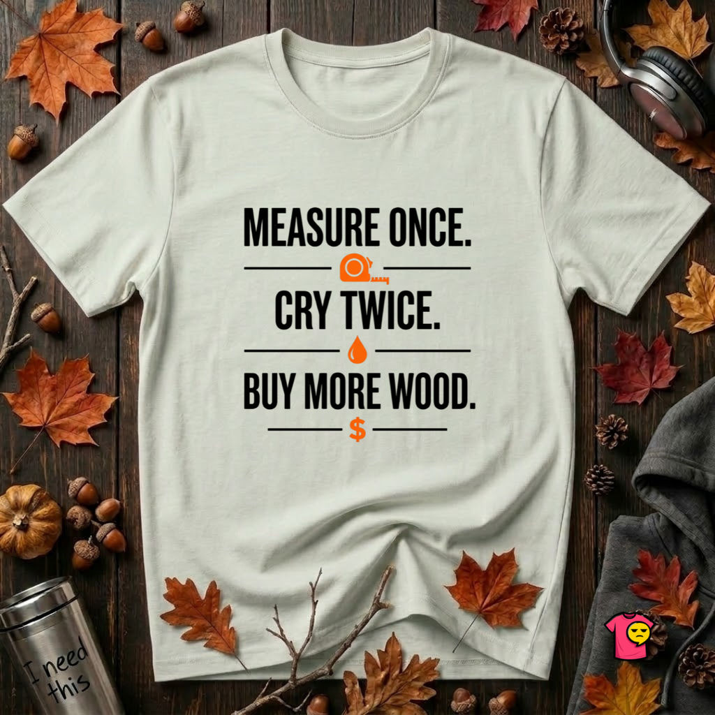 Measure Once. Cry Twice. Buy More Wood sarcastic woodworking t-shirt in Citron by Snarky Sarks