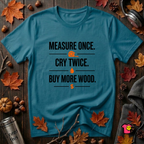 Measure Once. Cry Twice. Buy More Wood sarcastic woodworking t-shirt in Deep Teal by Snarky Sarks