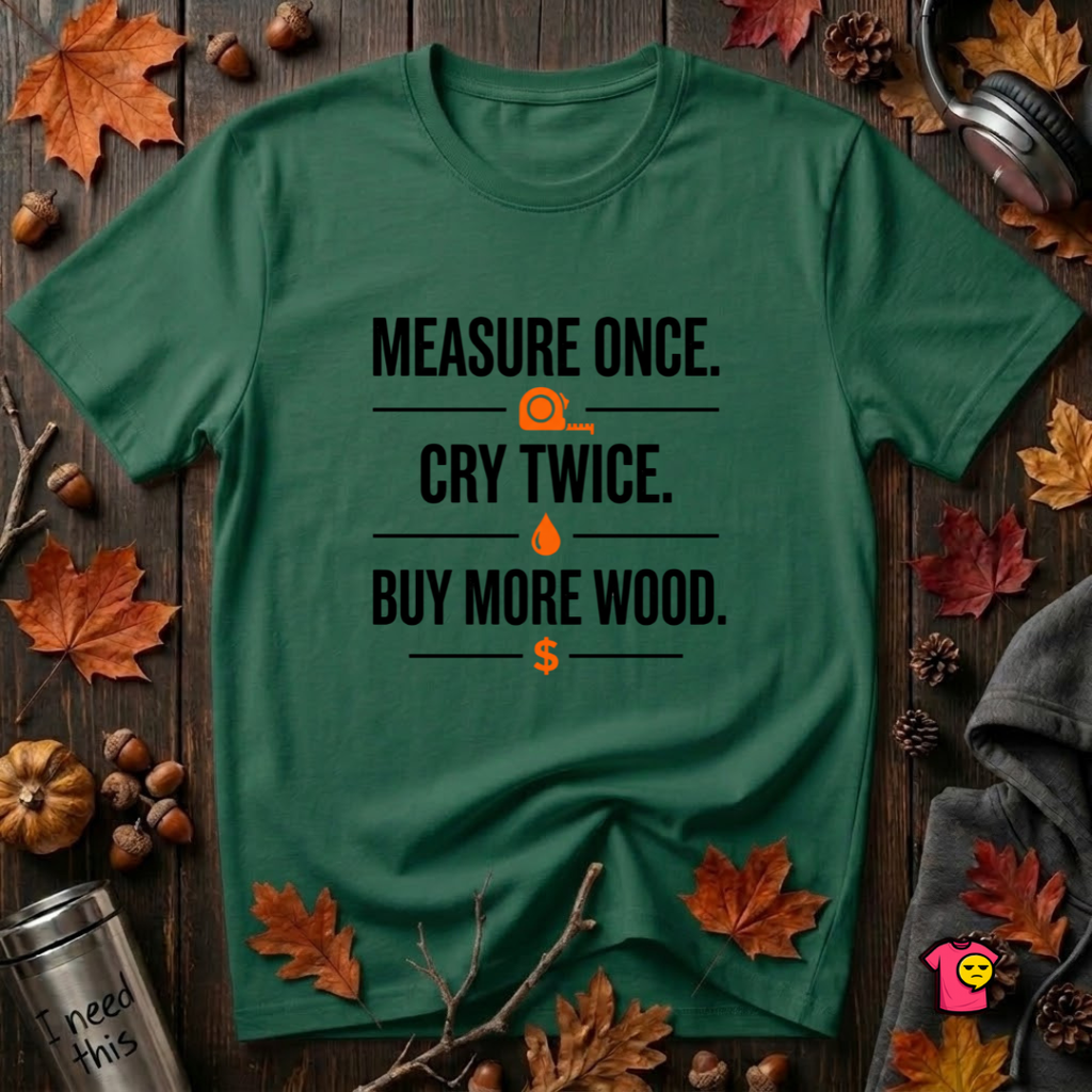 Measure Once. Cry Twice. Buy More Wood sarcastic woodworking t-shirt in Evergreen by Snarky Sarks
