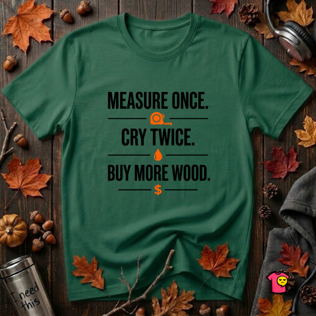Measure Once. Cry Twice. Buy More Wood sarcastic woodworking t-shirt in Evergreen by Snarky Sarks