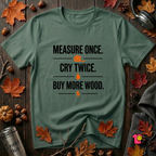 Measure Once. Cry Twice. Buy More Wood sarcastic woodworking t-shirt in Heather Forest by Snarky Sarks