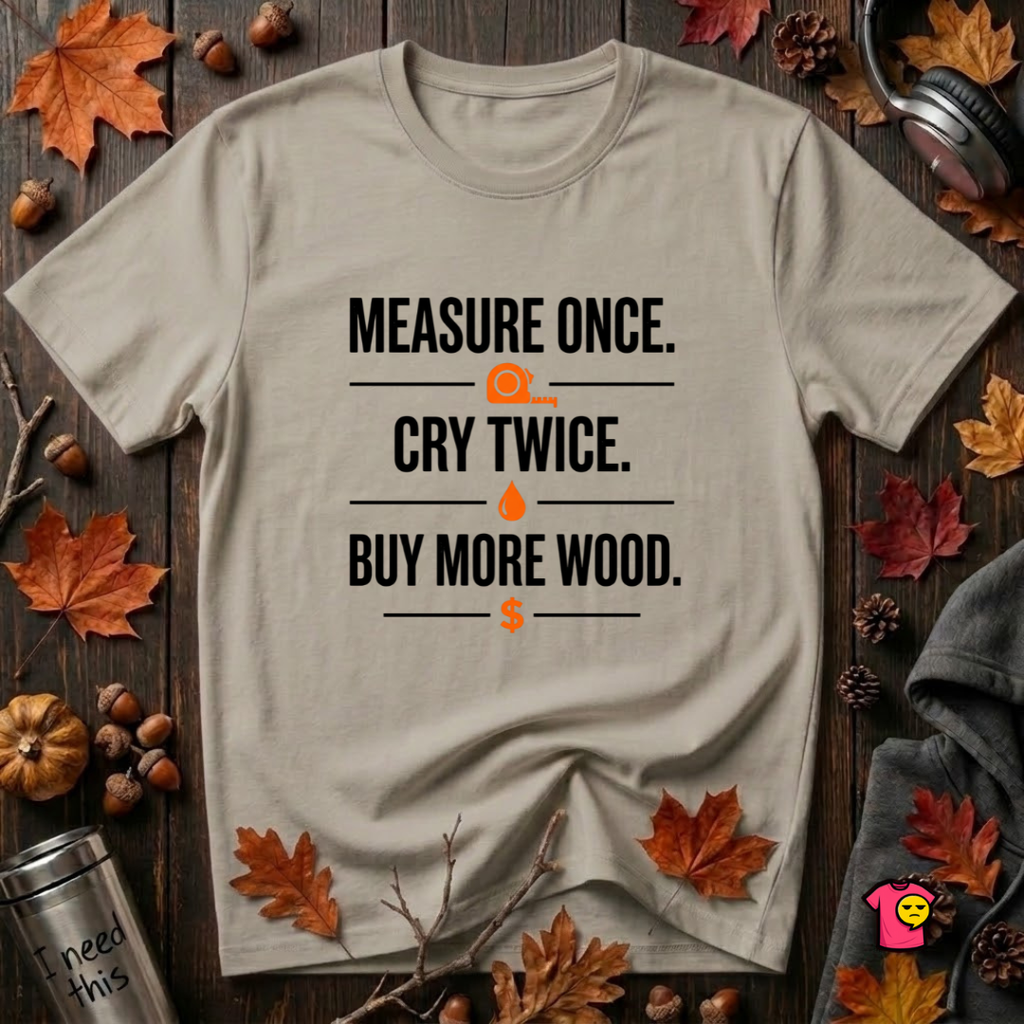 Measure Once. Cry Twice. Buy More Wood sarcastic woodworking t-shirt in Heather Stone by Snarky Sarks