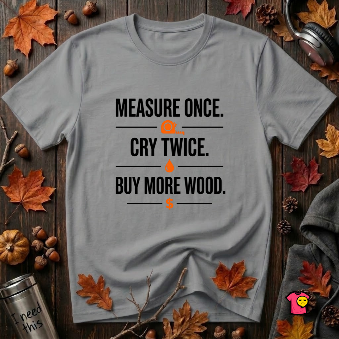 Measure Once. Cry Twice. Buy More Wood sarcastic woodworking t-shirt in Heather Storm by Snarky Sarks