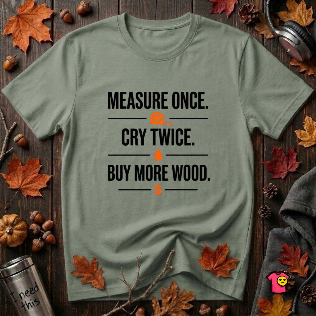 Measure Once. Cry Twice. Buy More Wood sarcastic woodworking t-shirt in Military Green by Snarky Sarks