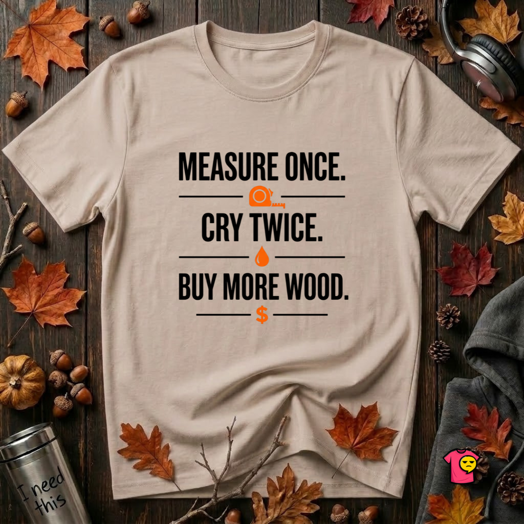 Measure Once. Cry Twice. Buy More Wood sarcastic woodworking t-shirt in Natural by Snarky Sarks
