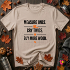 Measure Once. Cry Twice. Buy More Wood sarcastic woodworking t-shirt in Natural by Snarky Sarks