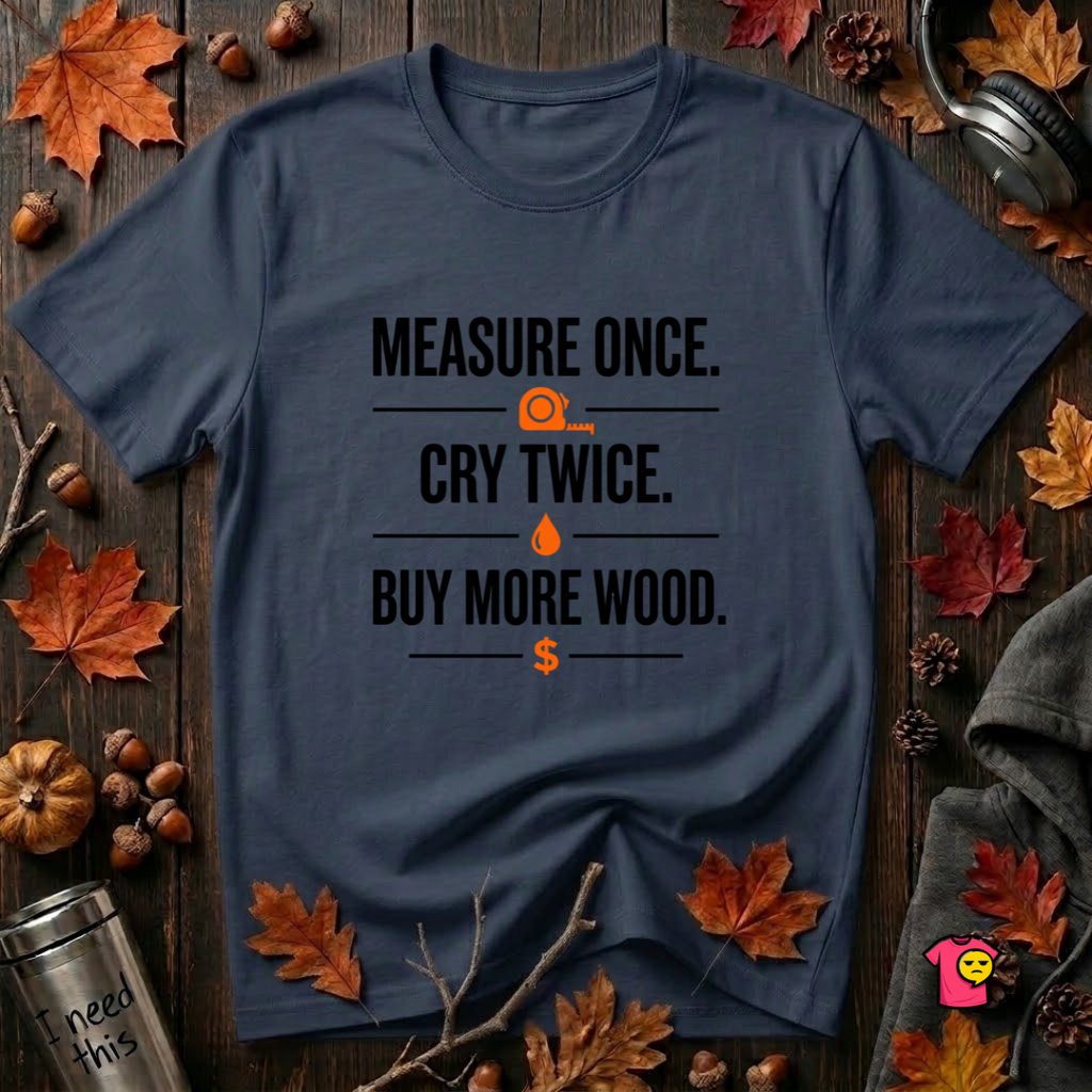 Measure Once. Cry Twice. Buy More Wood sarcastic woodworking t-shirt in Navy by Snarky Sarks