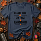 Measure Once. Cry Twice. Buy More Wood sarcastic woodworking t-shirt in Navy by Snarky Sarks