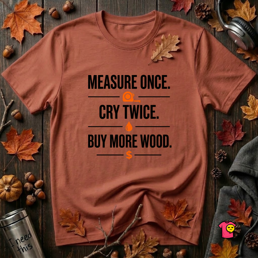 Measure Once. Cry Twice. Buy More Wood sarcastic woodworking t-shirt in Rust by Snarky Sarks