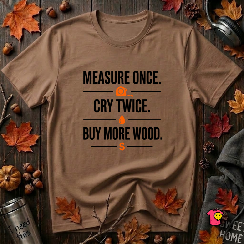 Measure Once. Cry Twice. Buy More Wood sarcastic woodworking t-shirt in Sand Dune by Snarky Sarks