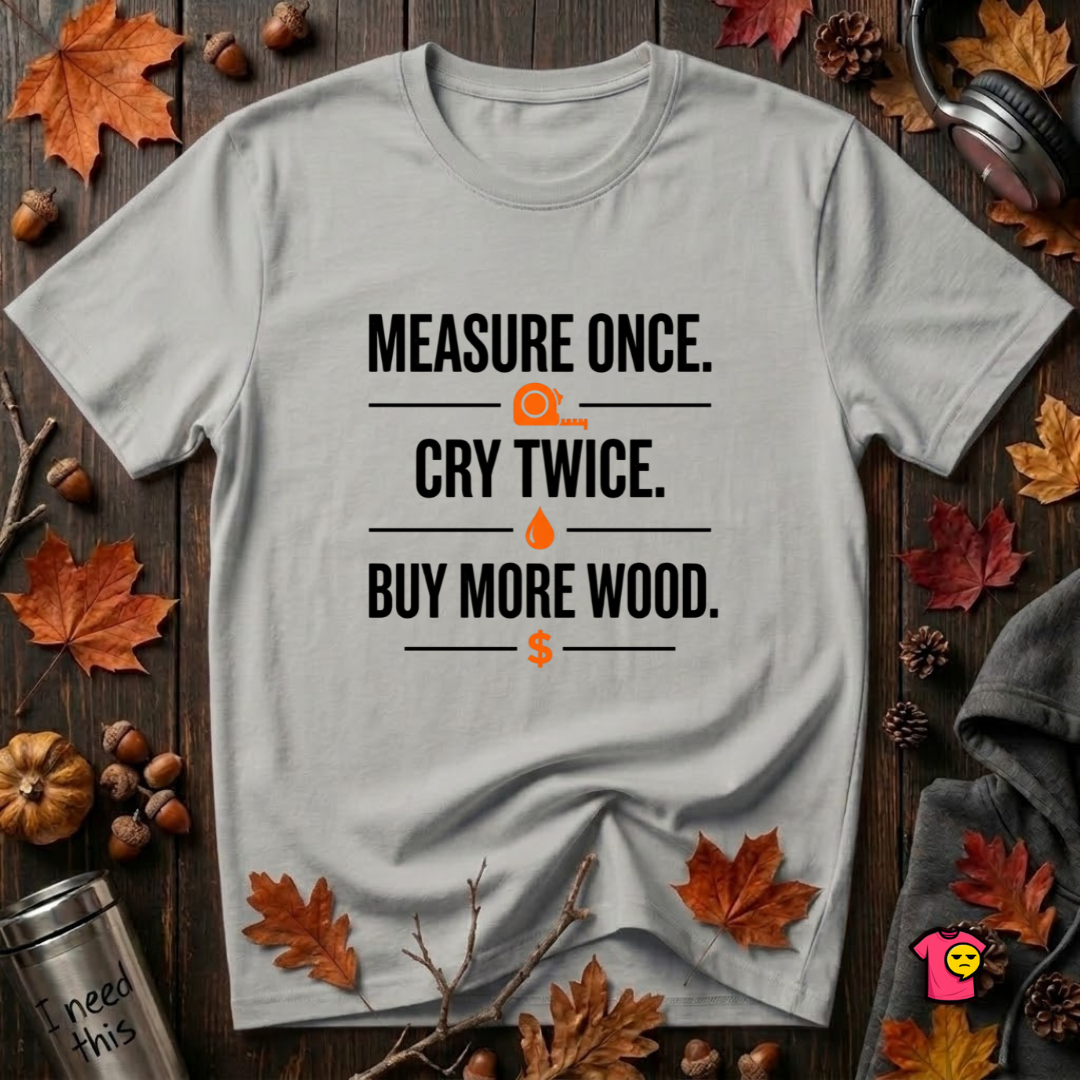 Measure Once. Cry Twice. Buy More Wood sarcastic woodworking t-shirt in Silver by Snarky Sarks