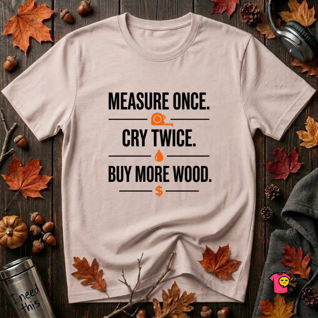 Measure Once. Cry Twice. Buy More Wood sarcastic woodworking t-shirt in Soft Pink by Snarky Sarks