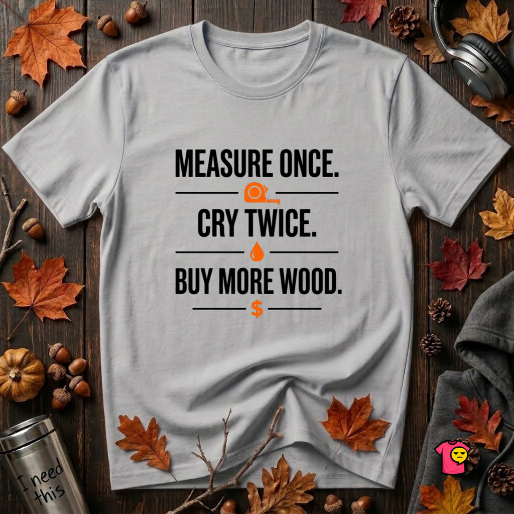 Measure Once. Cry Twice. Buy More Wood sarcastic woodworking t-shirt in Solid Athletic Gray by Snarky Sarks