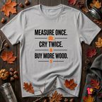 Measure Once. Cry Twice. Buy More Wood sarcastic woodworking t-shirt in Solid Athletic Gray by Snarky Sarks