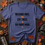 Measure Once. Cry Twice. Buy More Wood sarcastic woodworking t-shirt in Team Navy by Snarky Sarks