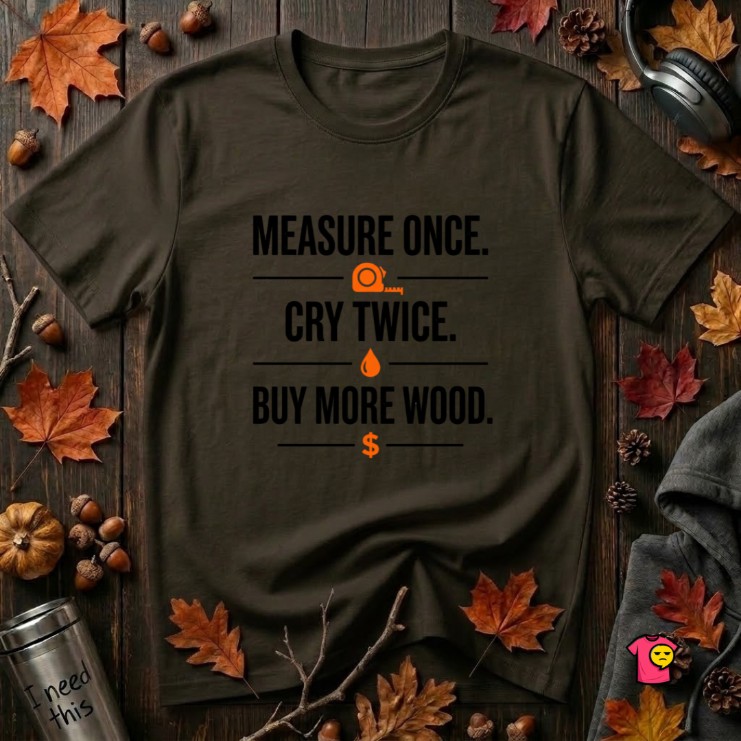 Measure Once. Cry Twice. Buy More Wood sarcastic woodworking t-shirt in Black by Snarky Sarks