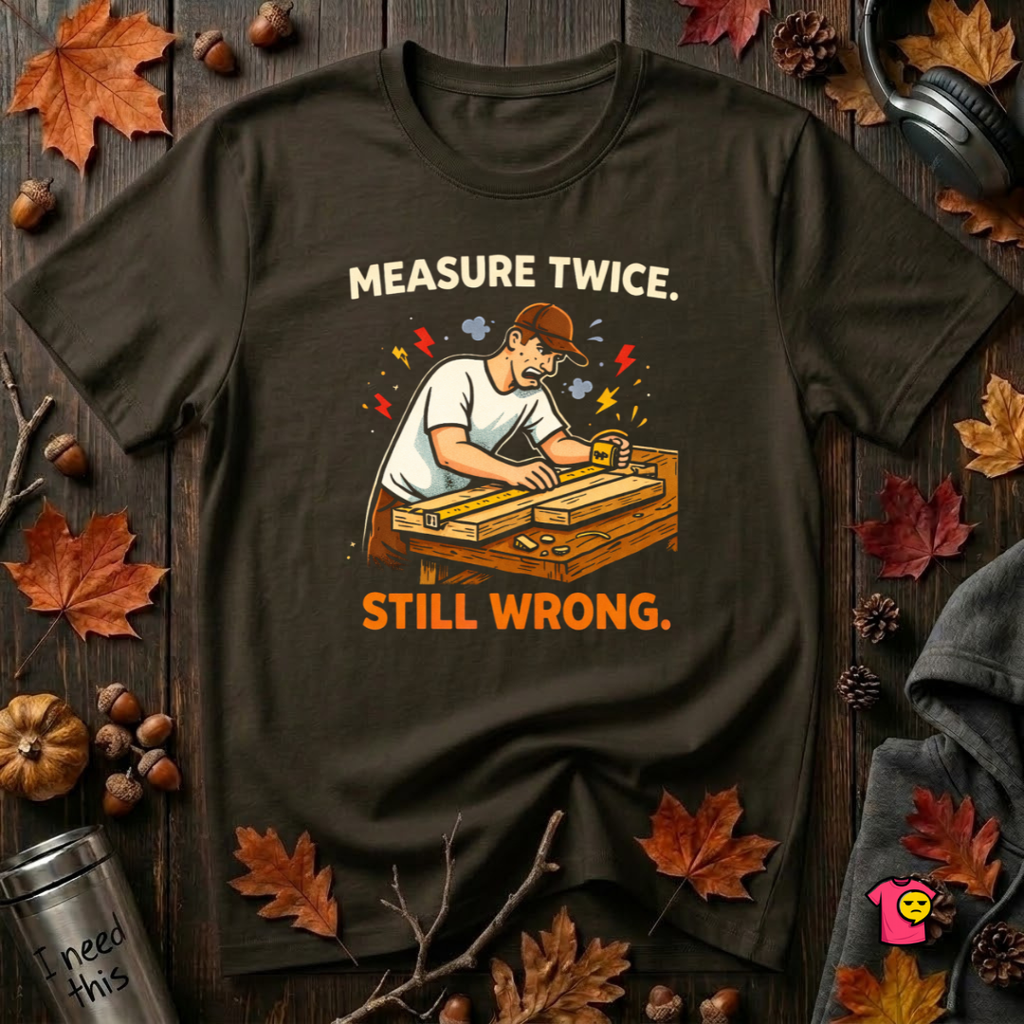 Measure Twice. Still Wrong. sarcastic graphic t-shirt in Black by Snarky Sarks