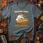 Measure Twice. Still Wrong. sarcastic woodworking t-shirt in Dark Gray by Snarky Sarks