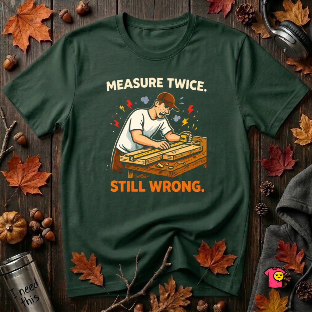 Measure Twice. Still Wrong. sarcastic woodworking t-shirt in Forest by Snarky Sarks