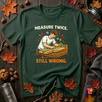 Measure Twice. Still Wrong. sarcastic woodworking t-shirt in Forest by Snarky Sarks