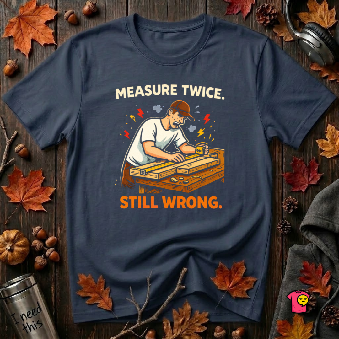 Measure Twice. Still Wrong. sarcastic woodworking t-shirt in Navy by Snarky Sarks