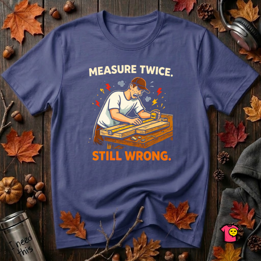 Measure Twice. Still Wrong. sarcastic woodworking t-shirt in Team Navy by Snarky Sarks