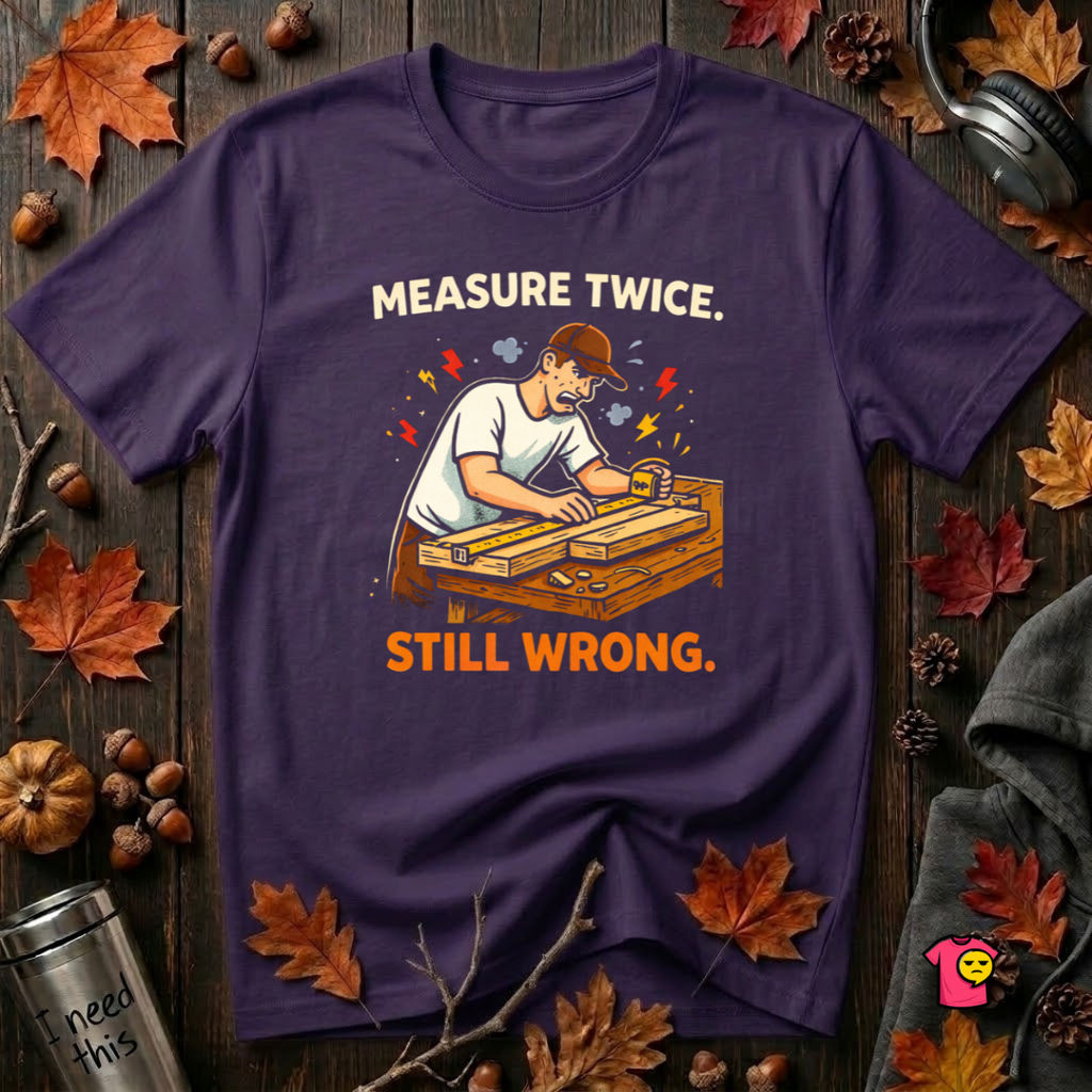 Measure Twice. Still Wrong. sarcastic woodworking t-shirt in Team Purple by Snarky Sarks