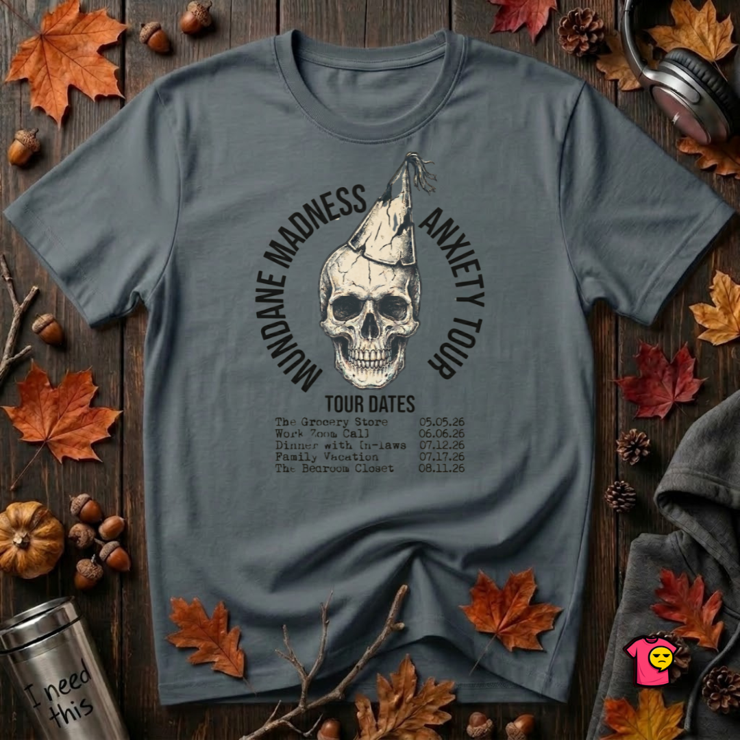 Mundane Madness Tour sarcastic graphic t-shirt in Dark Gray by Snarky Sarks