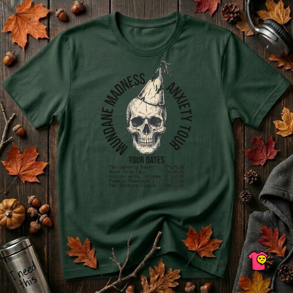 Mundane Madness Tour sarcastic graphic t-shirt in Forest by Snarky Sarks