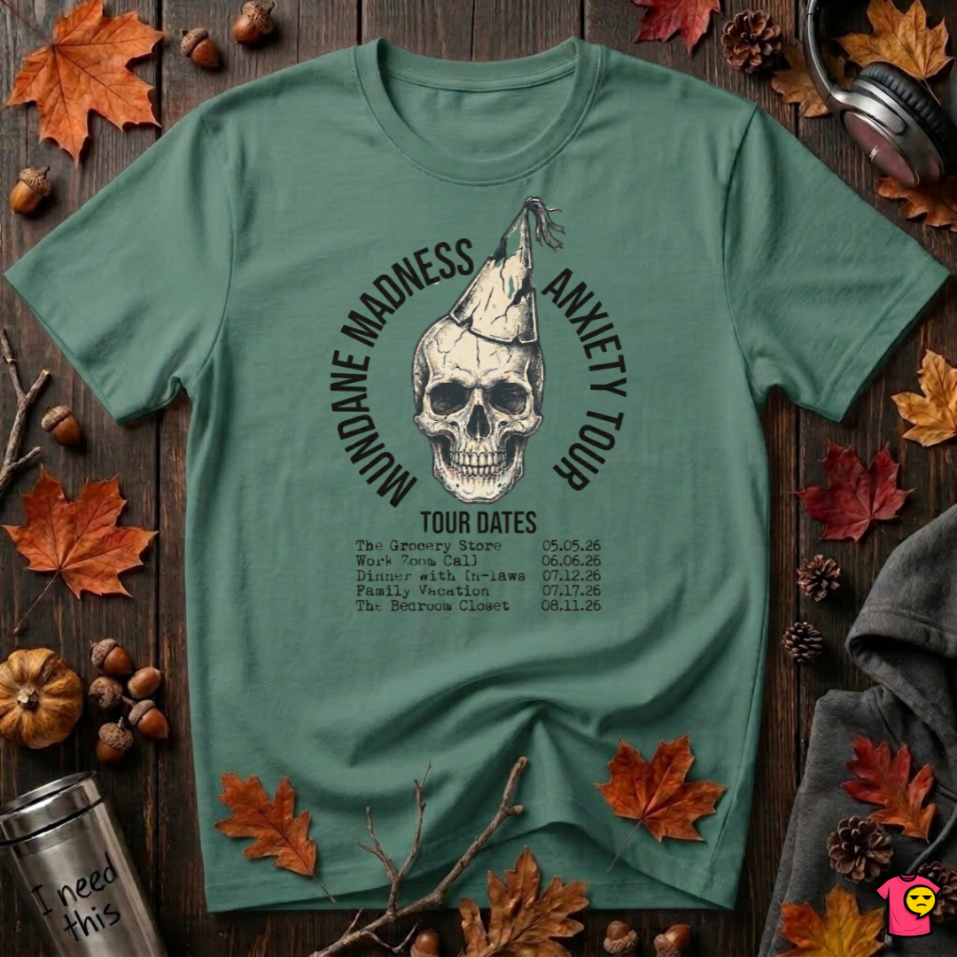 Mundane Madness Tour sarcastic graphic t-shirt in Grass Green by Snarky Sarks