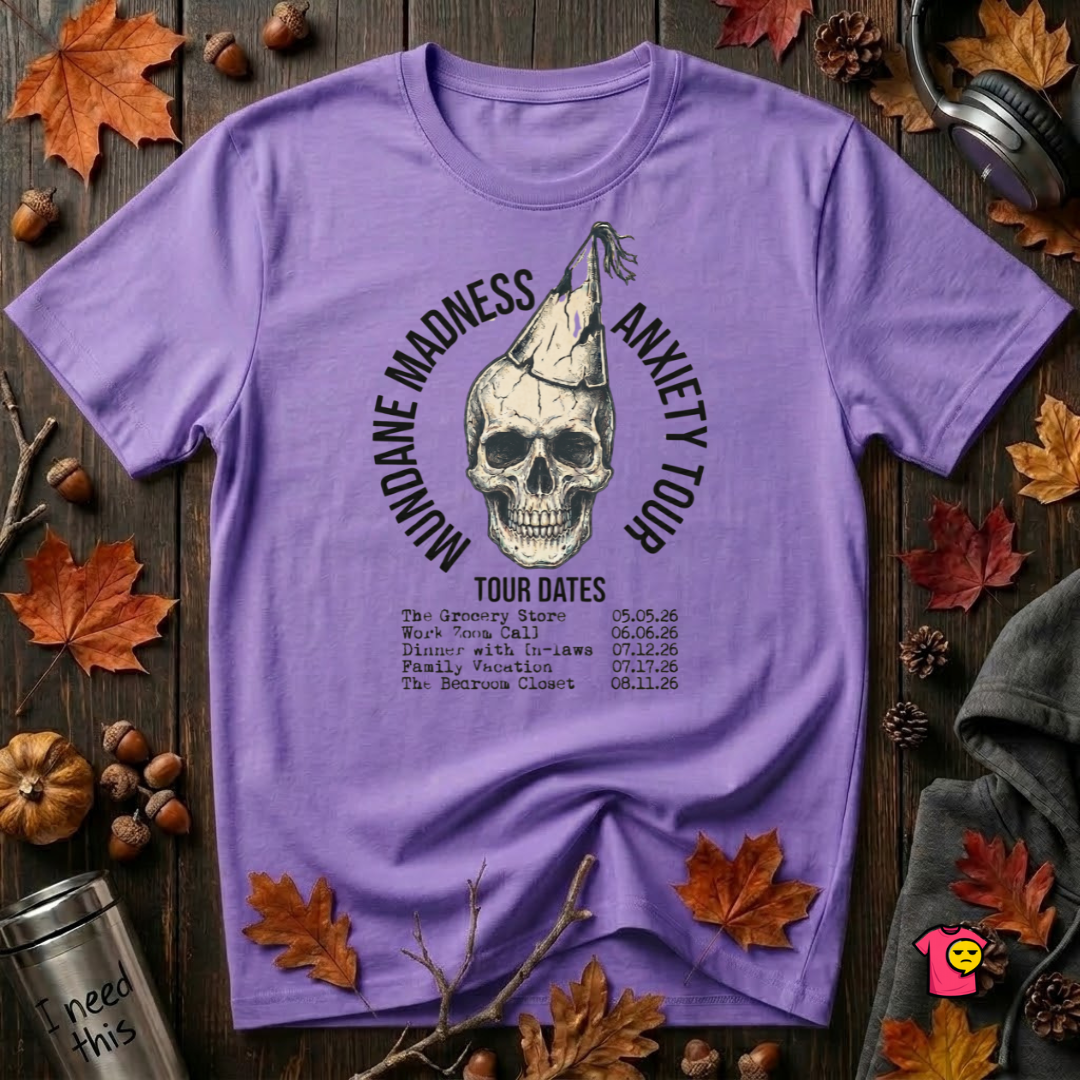 Mundane Madness Tour sarcastic graphic t-shirt in Heather Team Purple by Snarky Sarks