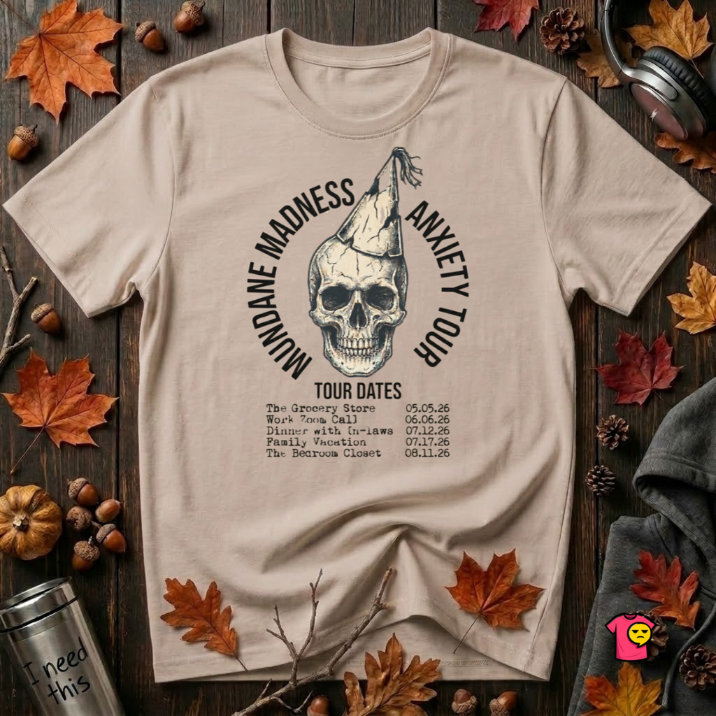 Mundane Madness Tour sarcastic graphic t-shirt in Natural by Snarky Sarks