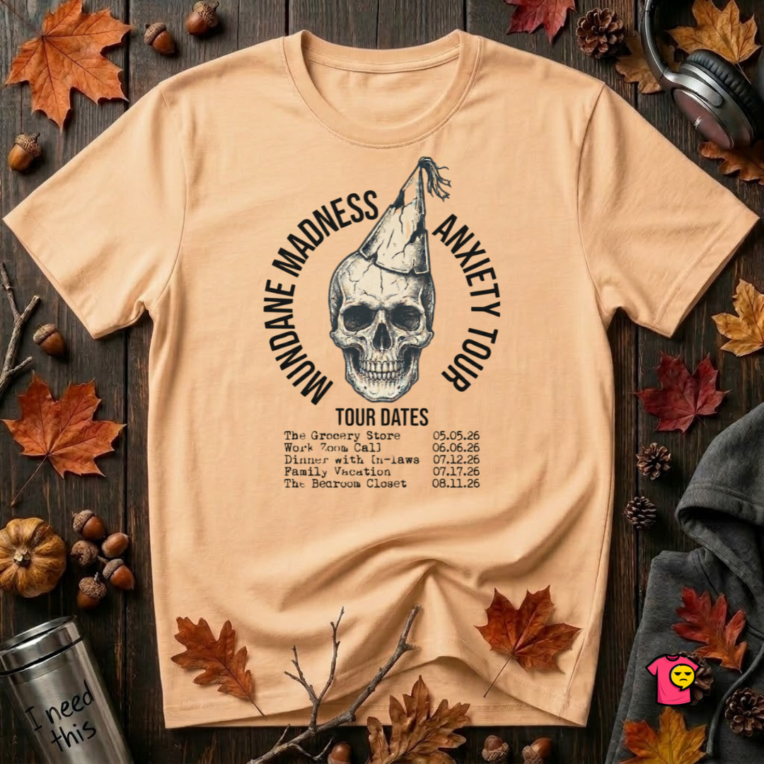 Mundane Madness Tour sarcastic graphic t-shirt in Peach by Snarky Sarks