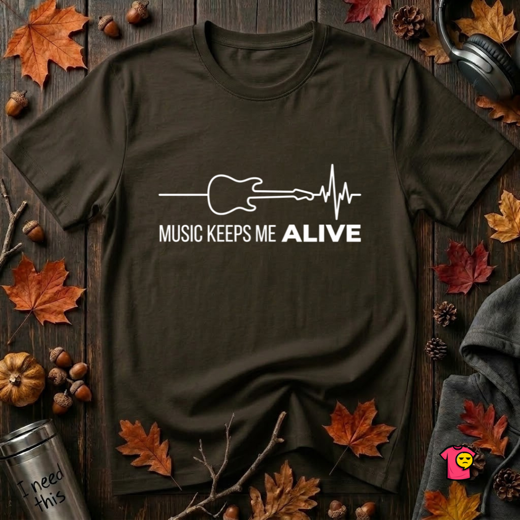 Music Keeps Me ALIVE guitar design graphic t-shirt in Black by Snarky Sarks