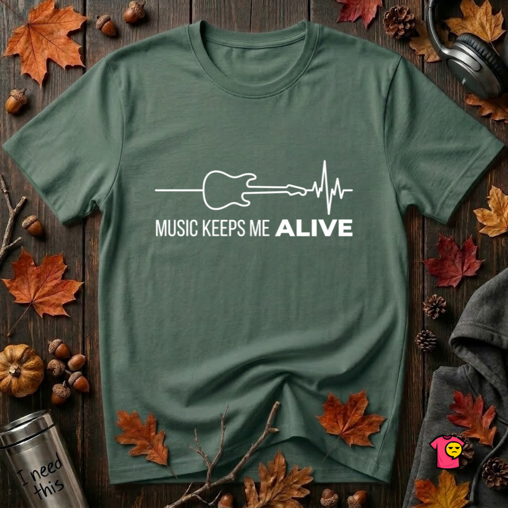 Music Keeps Me ALIVE guitar design graphic t-shirt in Heather Forest by Snarky Sarks