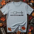 Music Keeps Me ALIVE guitar design graphic t-shirt in Light Blue by Snarky Sarks