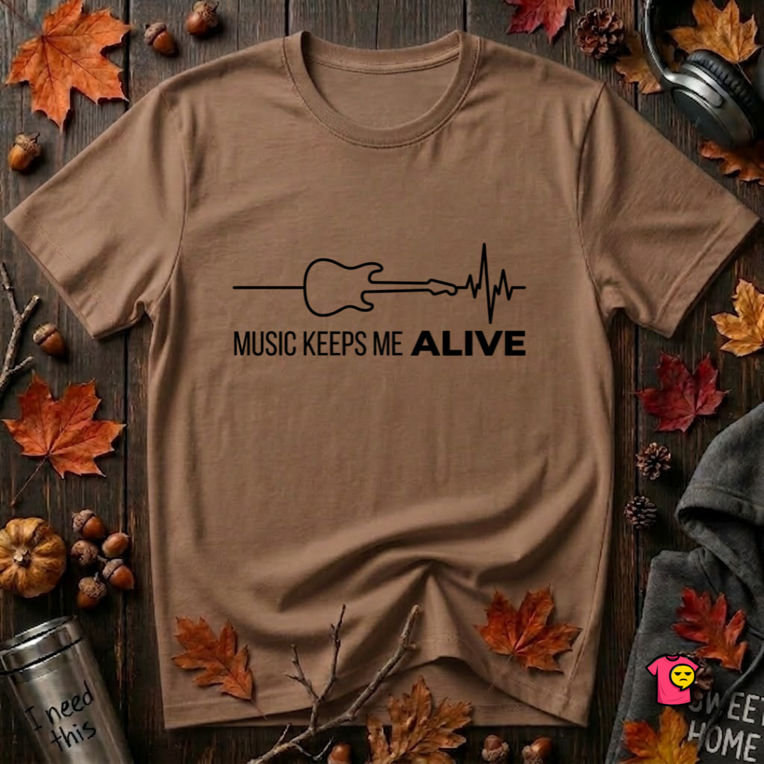 Music Keeps Me ALIVE guitar design graphic t-shirt in Sand Dune by Snarky Sarks