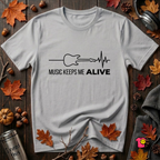 Music Keeps Me ALIVE guitar design graphic t-shirt in Solid Athletic Gray by Snarky Sarks
