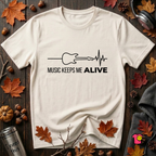 Music Keeps Me ALIVE guitar design graphic t-shirt in White by Snarky Sarks