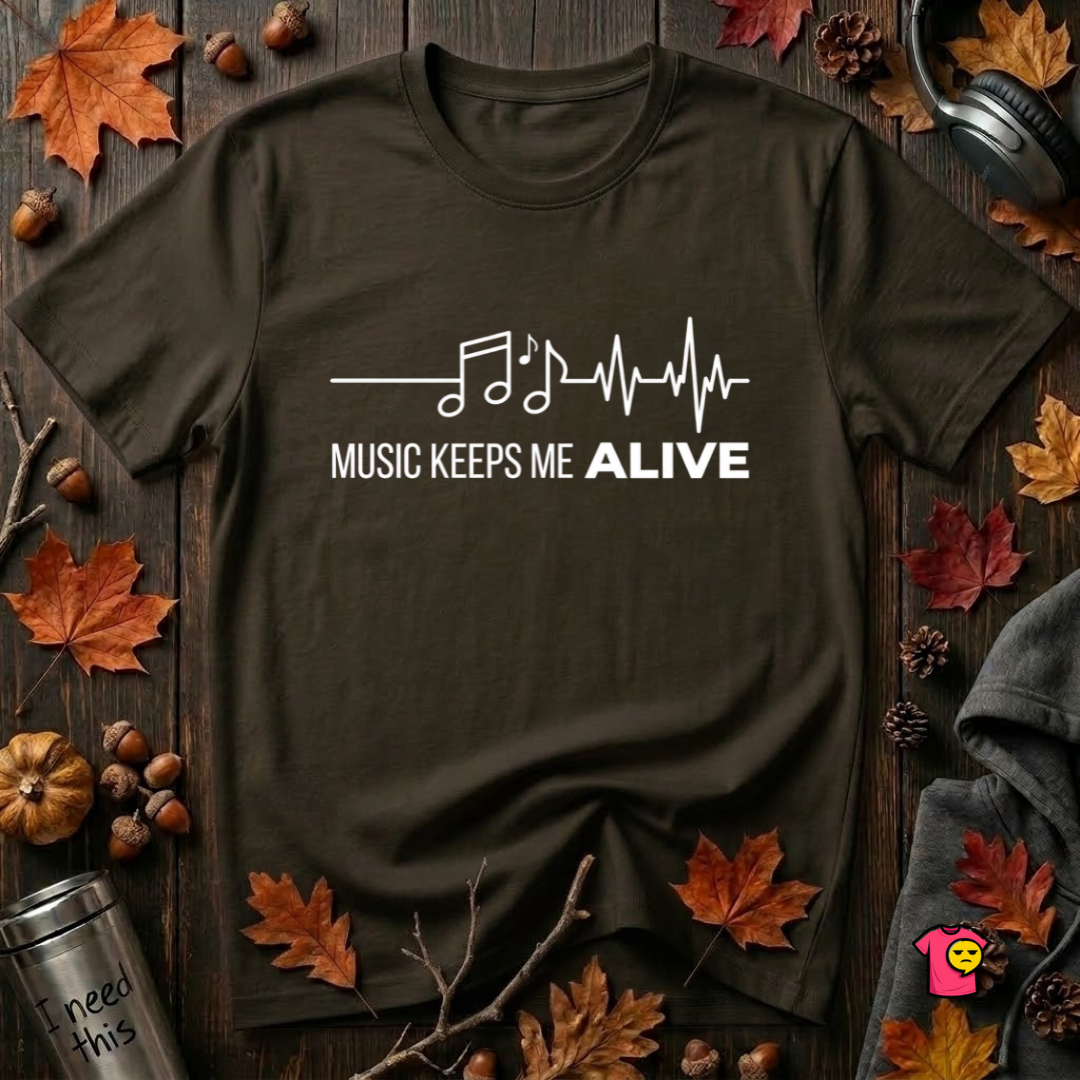 Music Keeps Me ALIVE music notes design graphic t-shirt in Black by Snarky Sarks