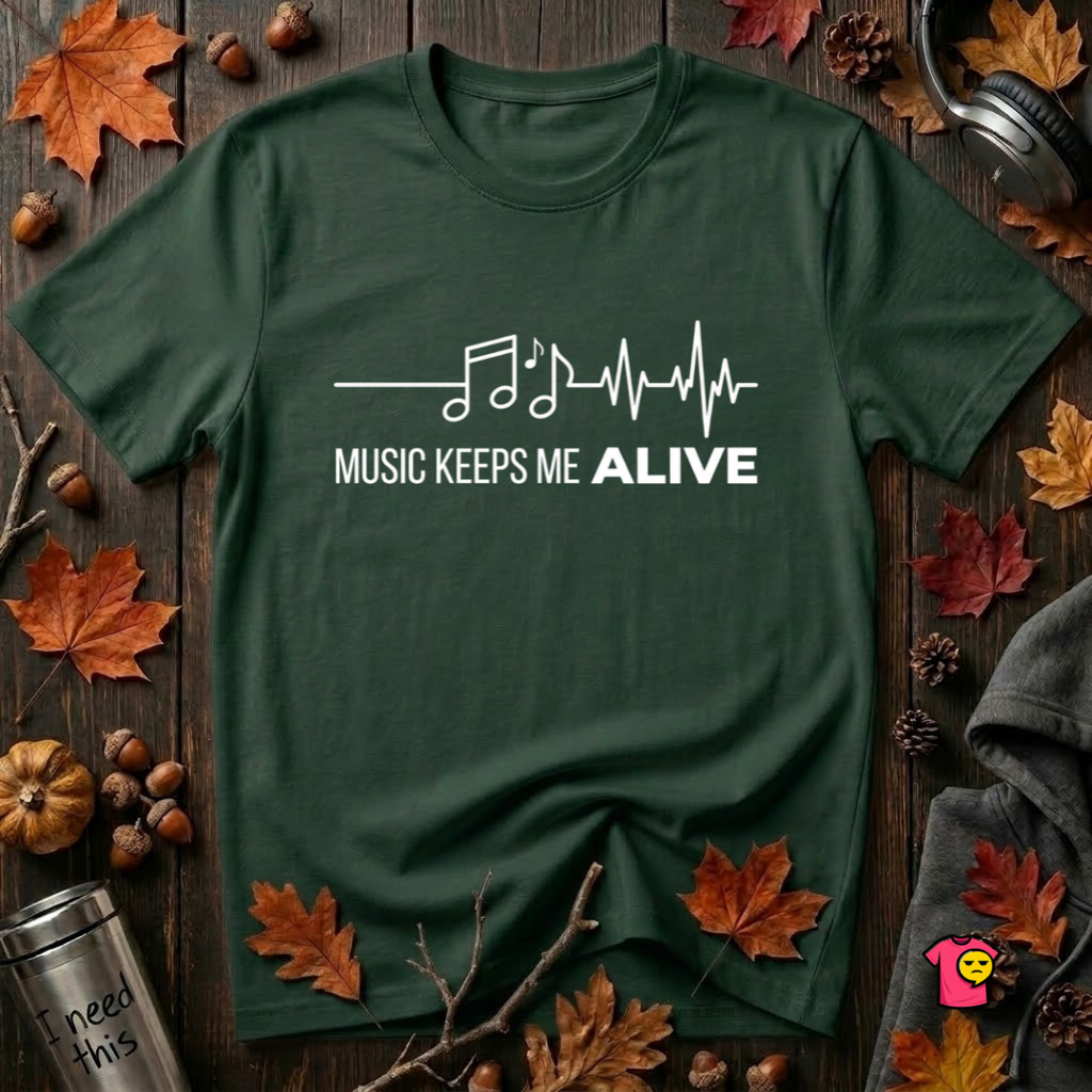 Music Keeps Me ALIVE music notes design graphic t-shirt in Forest by Snarky Sarks