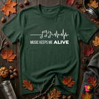 Music Keeps Me ALIVE music notes design graphic t-shirt in Forest by Snarky Sarks
