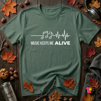 Music Keeps Me ALIVE music notes design graphic t-shirt in Heather Forest by Snarky Sarks