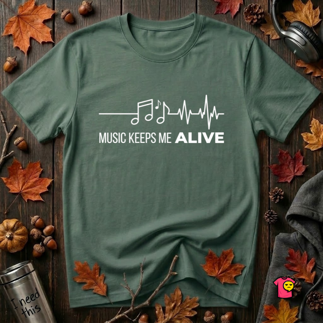 Music Keeps Me ALIVE music notes design graphic t-shirt in Heather Forest by Snarky Sarks