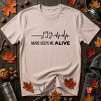 Music Keeps Me ALIVE music notes design graphic t-shirt in Soft Pink by Snarky Sarks
