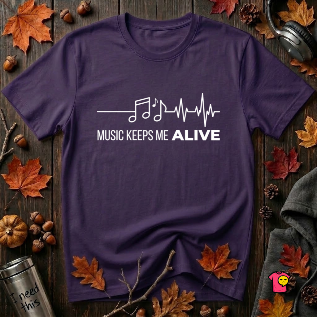 Music Keeps Me ALIVE music notes design graphic t-shirt in Team Purple by Snarky Sarks