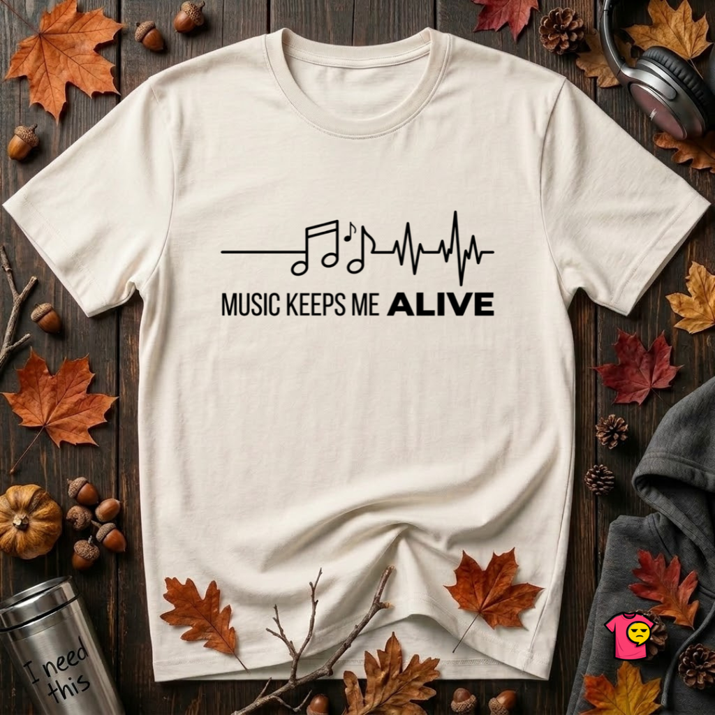 Music Keeps Me ALIVE music notes design graphic t-shirt in White by Snarky Sarks
