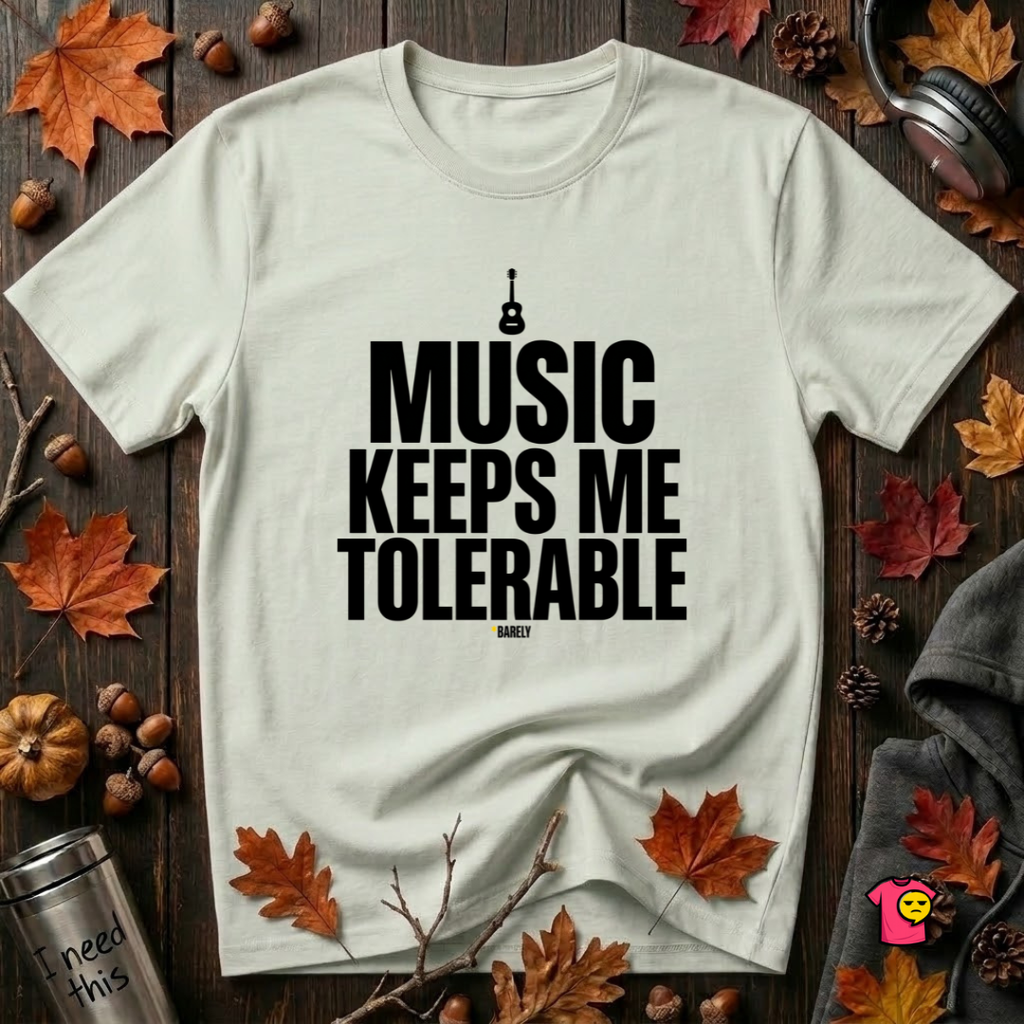 Music Keeps Me Tolerable sarcastic graphic t-shirt in Citron by Snarky Sarks