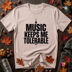 Music Keeps Me Tolerable sarcastic graphic t-shirt in Soft Pink by Snarky Sarks